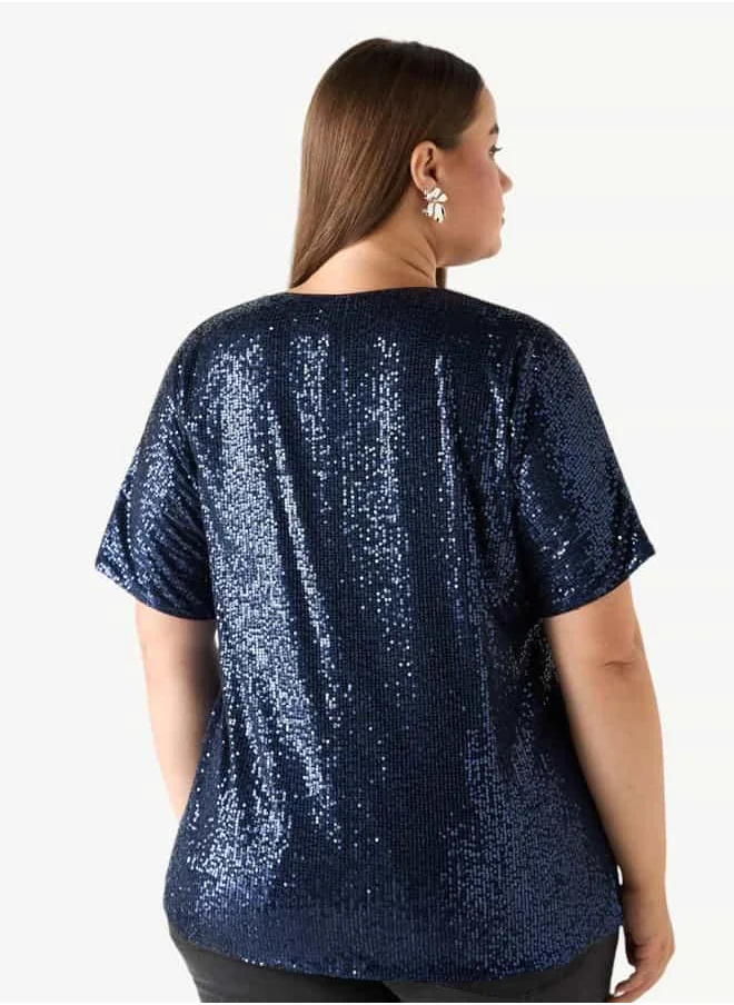 Ulla Popken Plus Size Ulla Popken Embellished Top with V-neck