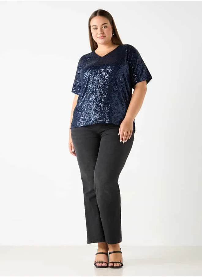 Ulla Popken Plus Size Ulla Popken Embellished Top with V-neck