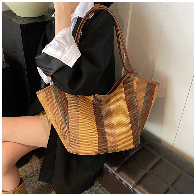 Contrast Color Vegetable Basket Bag Women'S Bag Fashion Shoulder Canvas Bag Minimalist High-End Texture Large Capacity Tote Bag - Image 2