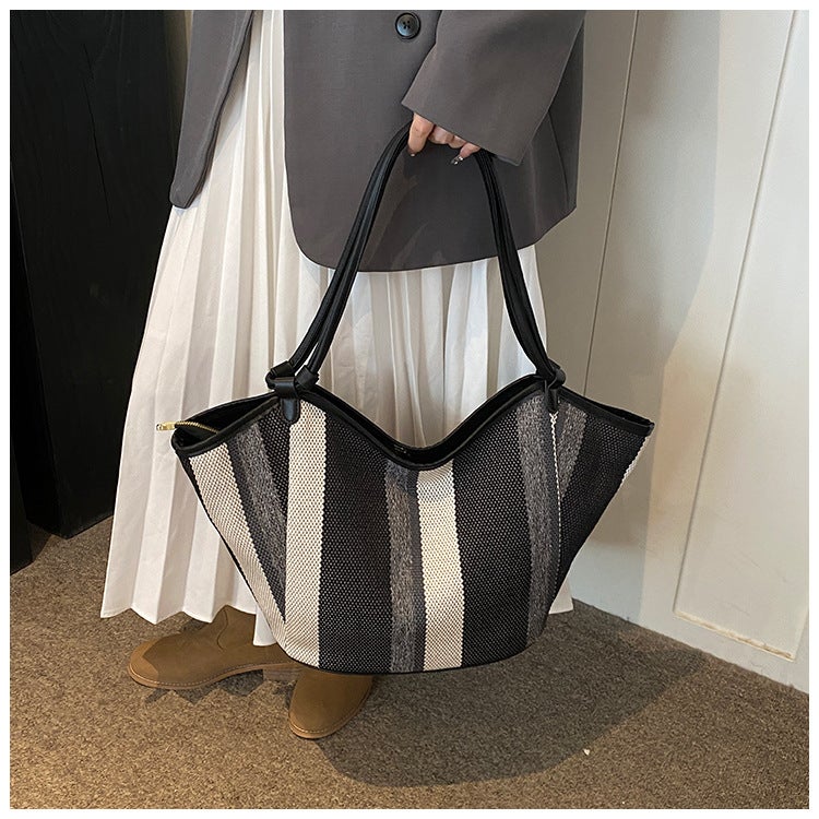 Contrast Color Vegetable Basket Bag Women'S Bag Fashion Shoulder Canvas Bag Minimalist High-End Texture Large Capacity Tote Bag - Image 4