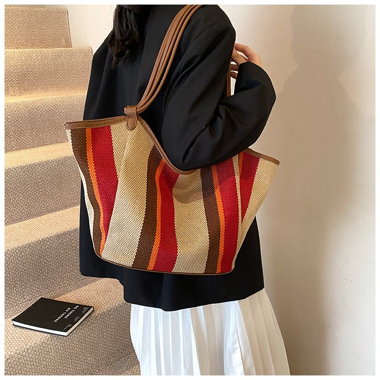 Contrast Color Vegetable Basket Bag Women'S Bag Fashion Shoulder Canvas Bag Minimalist High-End Texture Large Capacity Tote Bag - Image 3
