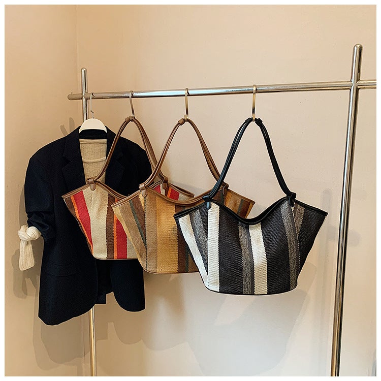 Contrast Color Vegetable Basket Bag Women'S Bag Fashion Shoulder Canvas Bag Minimalist High-End Texture Large Capacity Tote Bag - Image 5