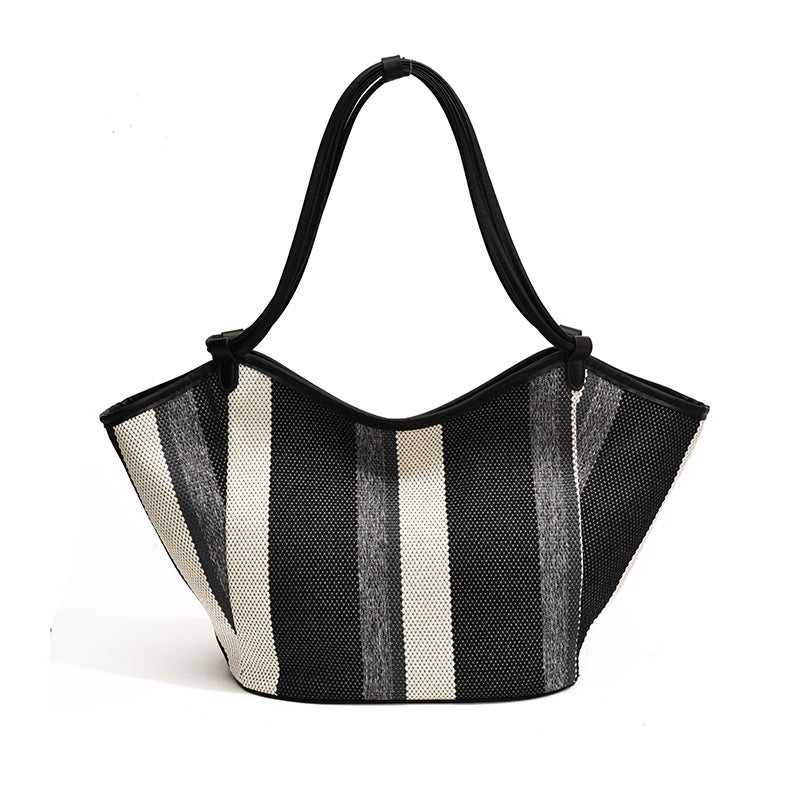 Contrast Color Vegetable Basket Bag Women'S Bag Fashion Shoulder Canvas Bag Minimalist High-End Texture Large Capacity Tote Bag - Image 1