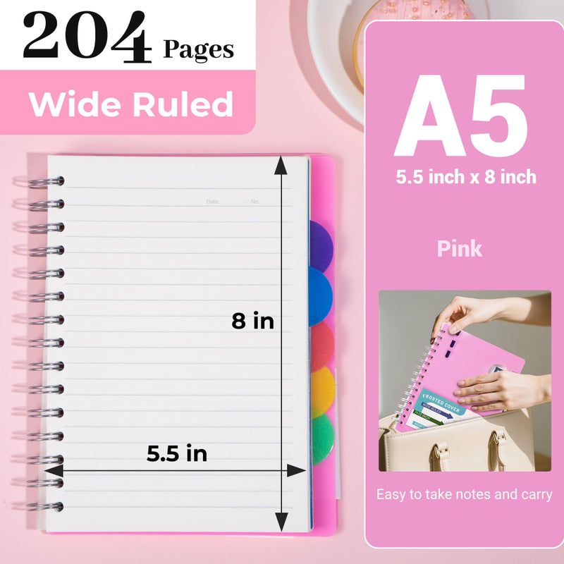 FLYING EAGLE 5 Subject Notebook Wide Ruled Spiral Notebook 5x7, A5 Small Notebook with Remoable Dividers, Hardcover Notebooks for Work, 204 Pages Lined Journal for Women, Pink - Image 3