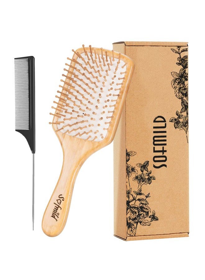 Sofmild Hair Brush-Natural Wooden Bamboo Brush and Detangle Tail Comb Instead of Brush Cleaner Tool, Paddle Hairbrush for Women Men and Kids Make Thin Long Curly Hair Health and Massage Scalp - Image 1