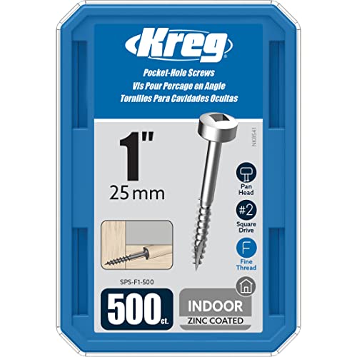 Kreg SPS-F1-500 Zinc Pocket Screws, 1-Inch, #6 Fine Thread, Pan Head (500 Count) - Image 1