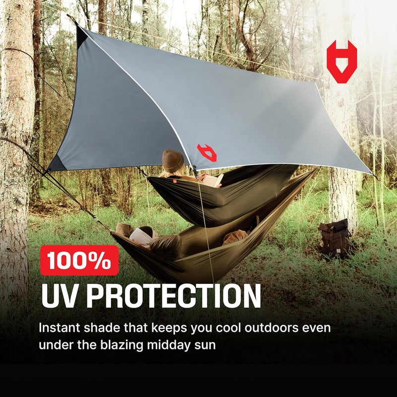 NoCry Rain Fly12x10 Lightweight Survival Camping Tarp; 100% Waterproof; Makes a Great Backpacking Tarp or Hammock Shelter; Comes in Multiple Colors, Survival Bracelet Included; Grey - Image 4