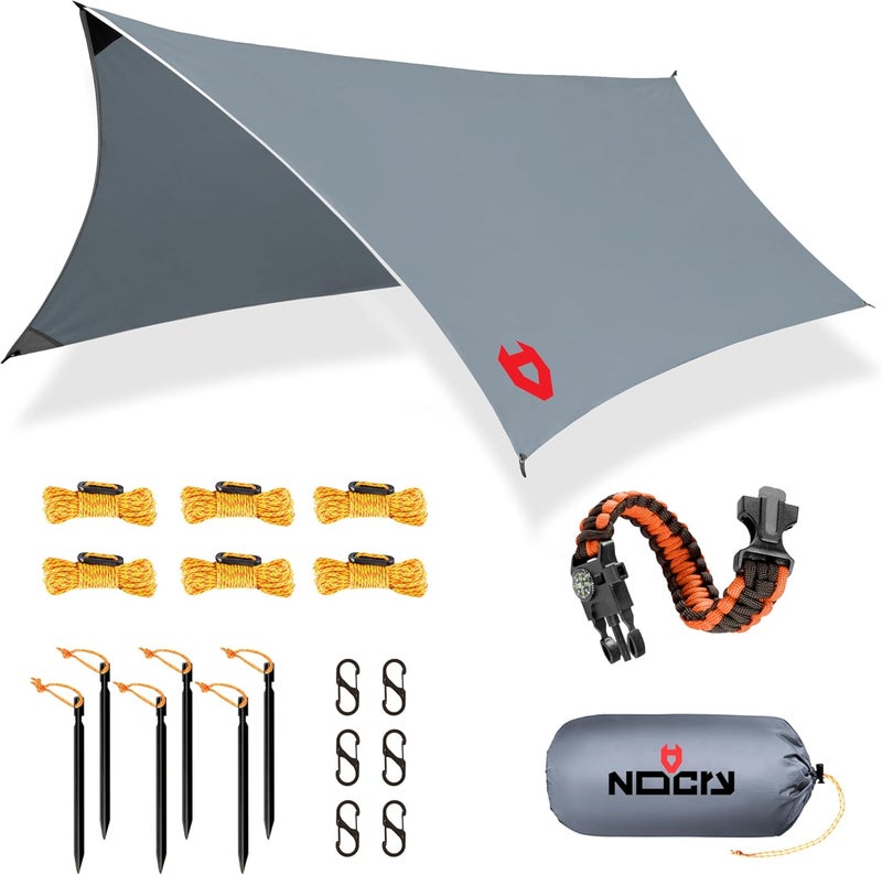 NoCry Rain Fly12x10 Lightweight Survival Camping Tarp; 100% Waterproof; Makes a Great Backpacking Tarp or Hammock Shelter; Comes in Multiple Colors, Survival Bracelet Included; Grey - Image 1