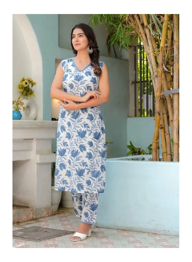 Studio blue Blue Leaf Print Sleeveless Kurta Set