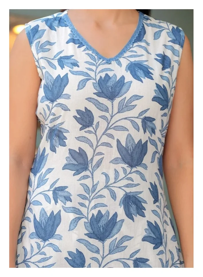 Studio blue Blue Leaf Print Sleeveless Kurta Set
