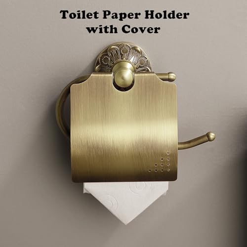 Lucyound Antique Brass Toilet Paper Holder with Cover Wall Mounted Toilet Tissue Holder Compatible Mega Rolls Vintage Gold Decorative Bathroom Accessories Brass PetalRelief Series - Image 3