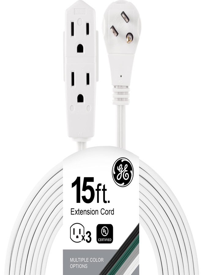 GE 3-Outlet Flat Extension Cord 15 Ft Grounded Extension Cord with Multiple Outlets 3 Prong Outlet Extender Flat Plug Power Strip Indoor 16 Gauge UL Listed White 56986 - Image 1