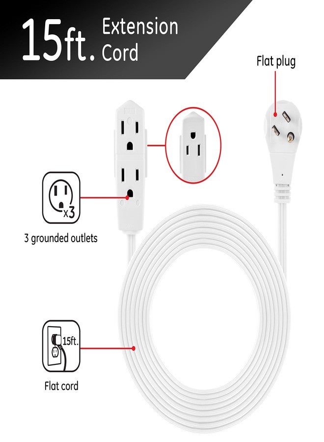 GE 3-Outlet Flat Extension Cord 15 Ft Grounded Extension Cord with Multiple Outlets 3 Prong Outlet Extender Flat Plug Power Strip Indoor 16 Gauge UL Listed White 56986 - Image 2