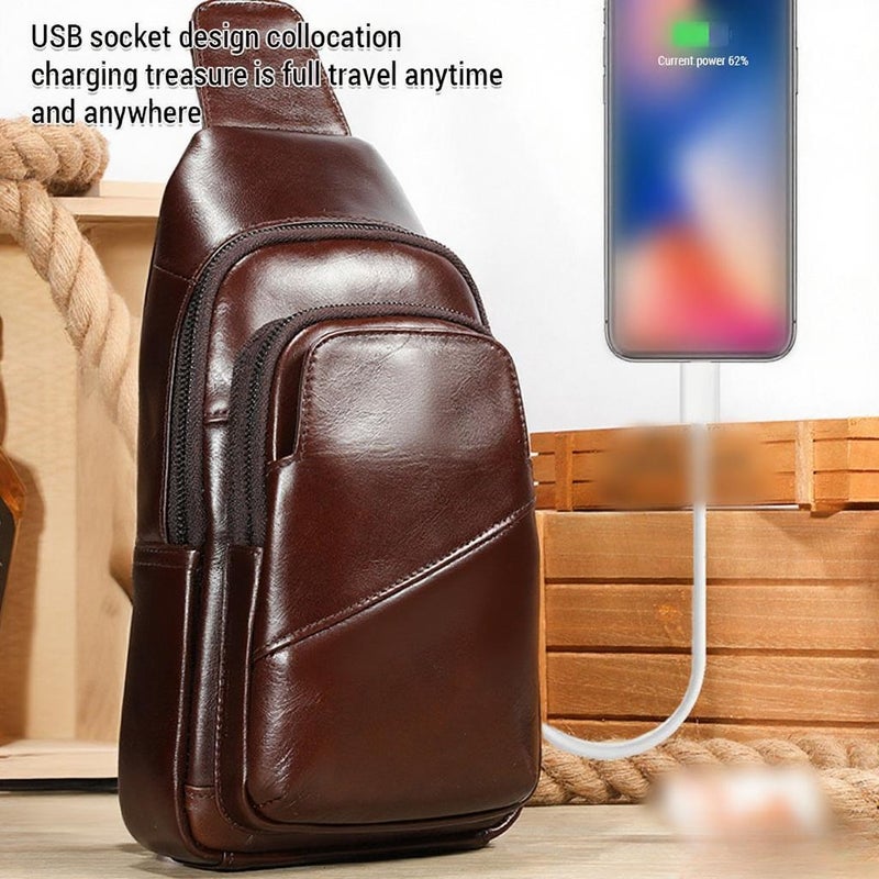 Genuine Leather Sling Bag Men Retro Shoulder Bag Multi-pocket Chest Bag with USB Charging Port - Image 5
