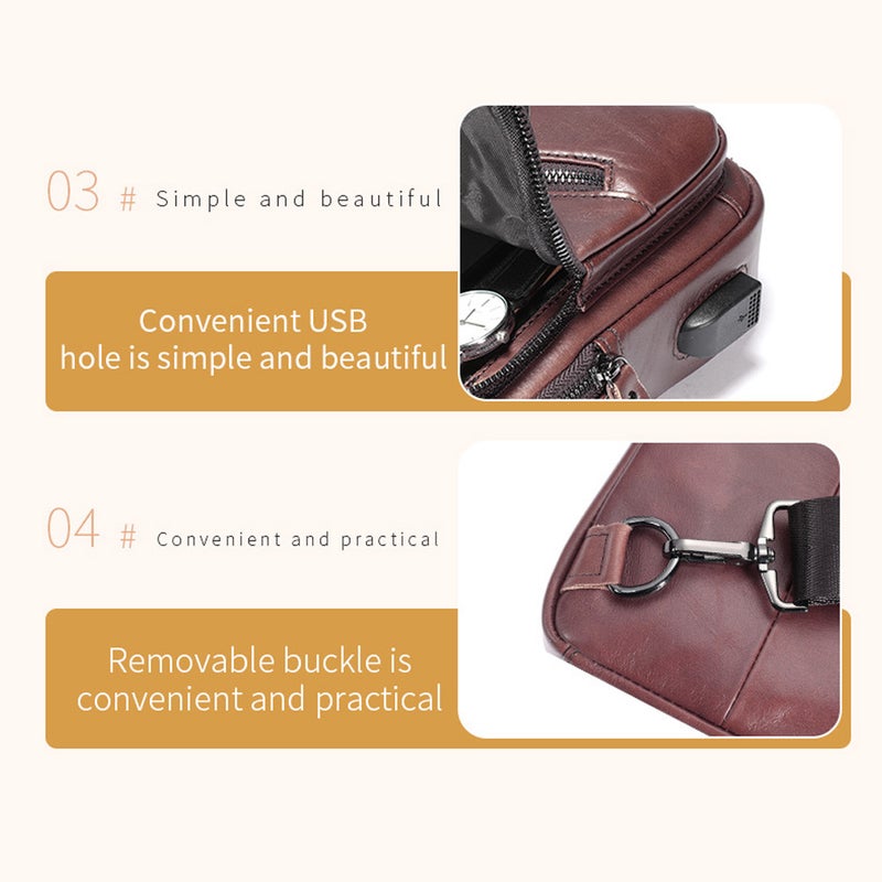 Genuine Leather Sling Bag Men Retro Shoulder Bag Multi-pocket Chest Bag with USB Charging Port - Image 2