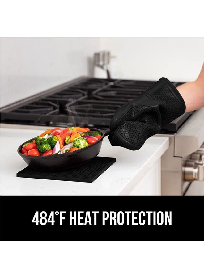 Silicone Oven Mitts and Pot Holders Set, Heat Resistant Mittens with Mini Gloves Hot Pads, for Kitchen Baking Cooking, Quilted Liner, Black,Pack of 4 - Image 3