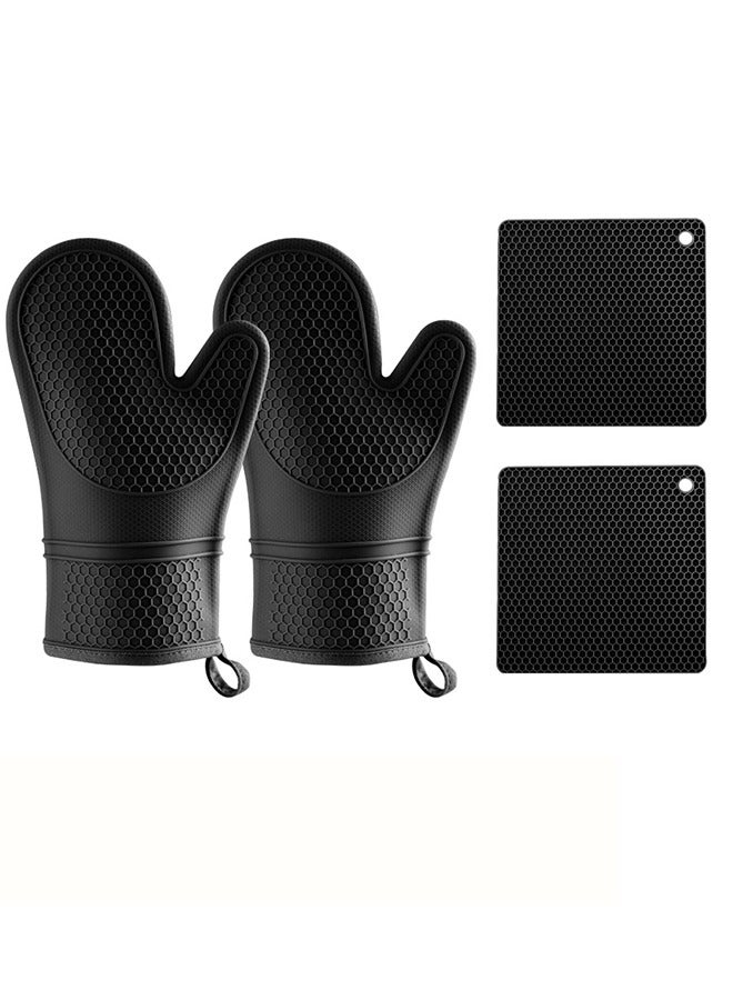 Silicone Oven Mitts and Pot Holders Set, Heat Resistant Mittens with Mini Gloves Hot Pads, for Kitchen Baking Cooking, Quilted Liner, Black,Pack of 4 - Image 1