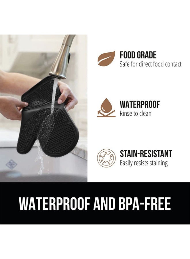 Silicone Oven Mitts and Pot Holders Set, Heat Resistant Mittens with Mini Gloves Hot Pads, for Kitchen Baking Cooking, Quilted Liner, Black,Pack of 4 - Image 4