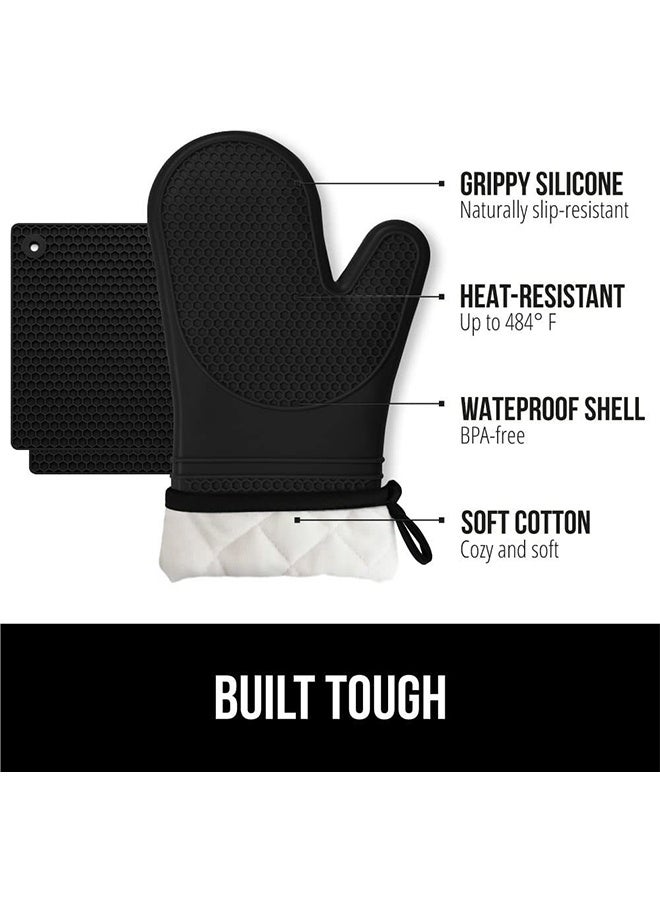 Silicone Oven Mitts and Pot Holders Set, Heat Resistant Mittens with Mini Gloves Hot Pads, for Kitchen Baking Cooking, Quilted Liner, Black,Pack of 4 - Image 2