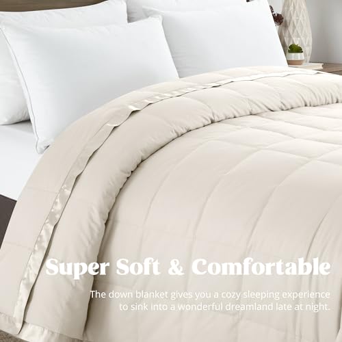 puredown® Blankets Queen Size - Soft Lightweight Down Blanket for All Seasons, Cozy Warm Luxury Bed Blanket with Satin Trim, Cotton Cover, Ivory (90"X90") - Image 3