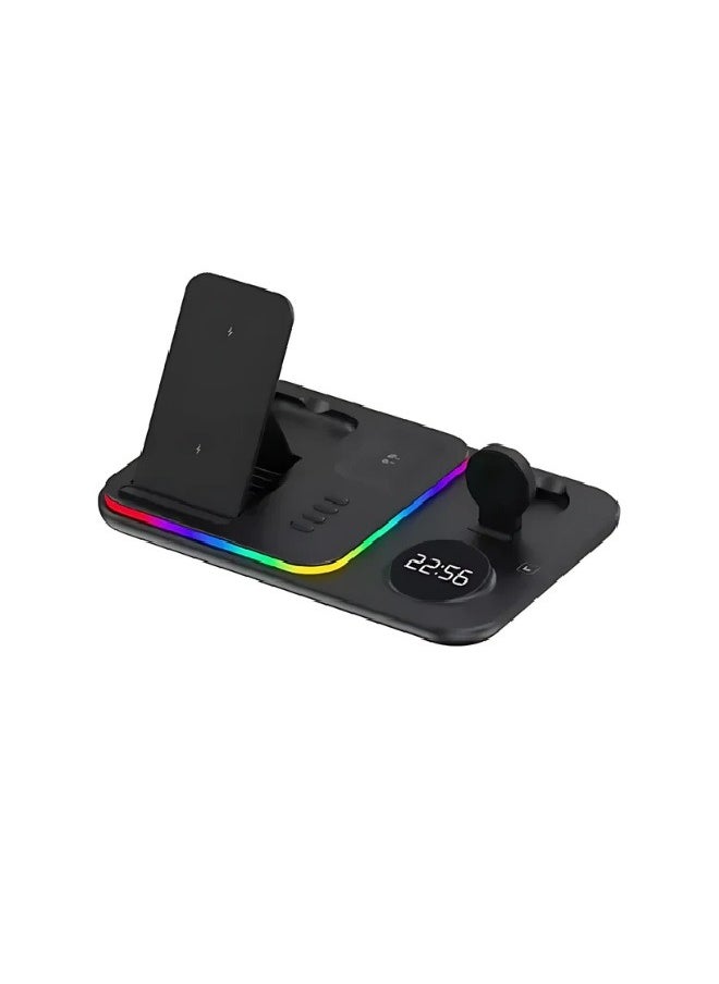 Generic - 5 in 1 Wireless Charging Station Dock with Digital Clock & Night Light 30W Black - Image 1