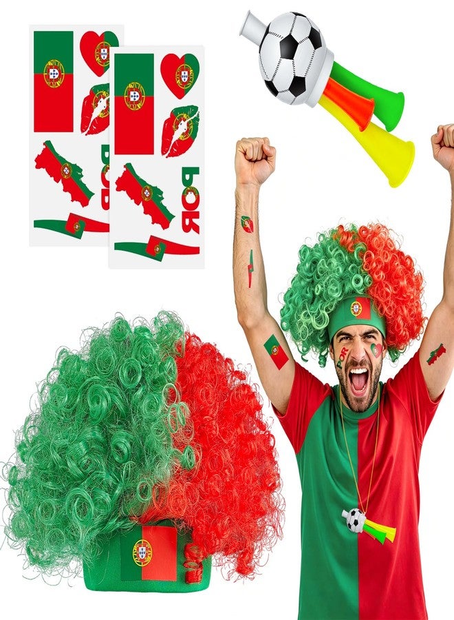 HWQVA 2026 Soccer Fan Gear Set - Portugal Flag Temporary Tattoos, Fun Wigs, and Loud Horns - Fan Gear for Soccer Matches, Sports Events, and Team Celebrations - Image 1