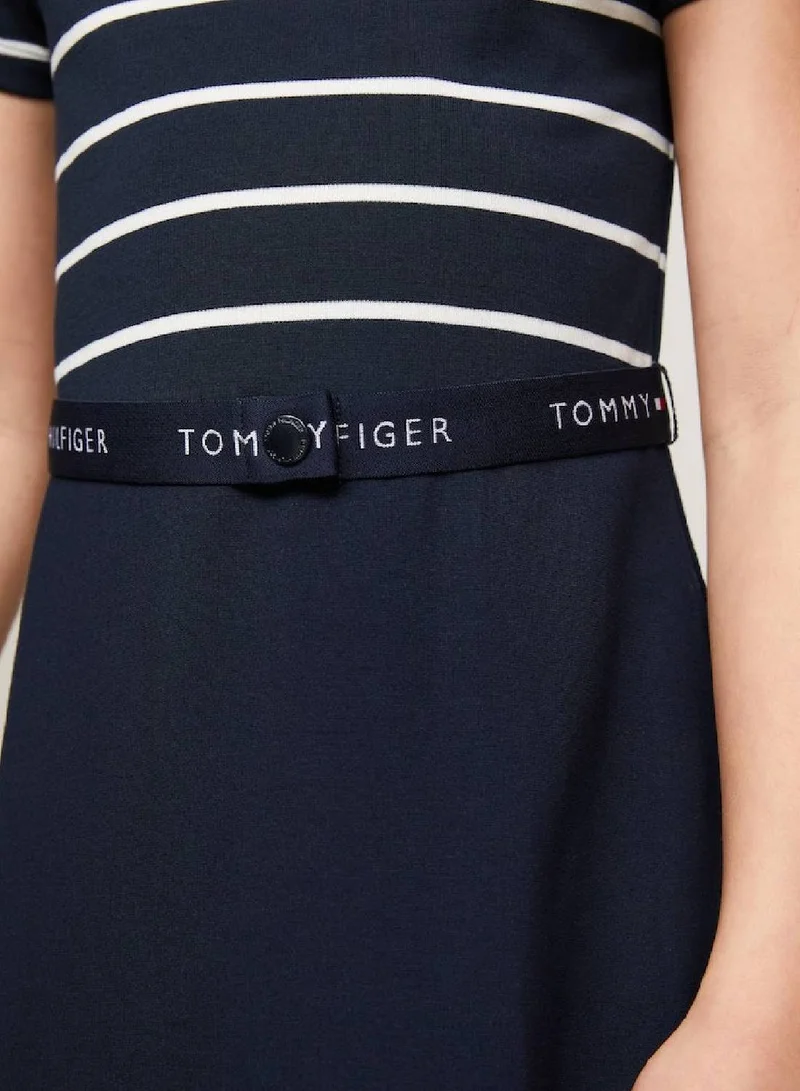 TOMMY HILFIGER Girls' Essential Belted Waist Skater Dress -  Stretch sustainable modal blend, Navy