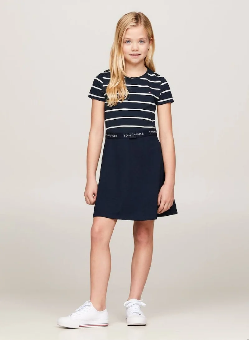 TOMMY HILFIGER Girls' Essential Belted Waist Skater Dress -  Stretch sustainable modal blend, Navy