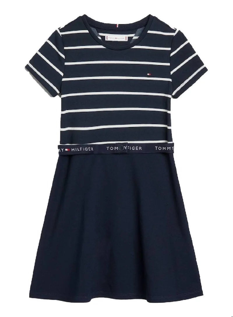TOMMY HILFIGER Girls' Essential Belted Waist Skater Dress -  Stretch sustainable modal blend, Navy