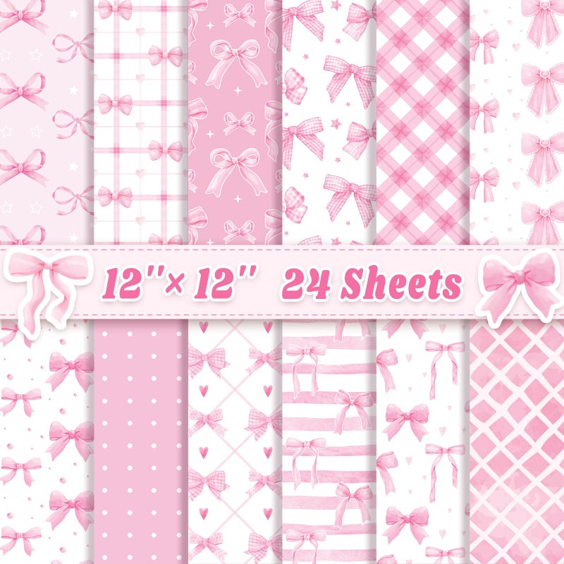 Feivando 24 Sheets Pink Bow Scrapbook Paper 12 12 DoubleSided Bows Pattern Paper Pink Plaid Decorative Decoupage Cardstock for DIY Card Craft Making Scrapbook Supplies - Image 2