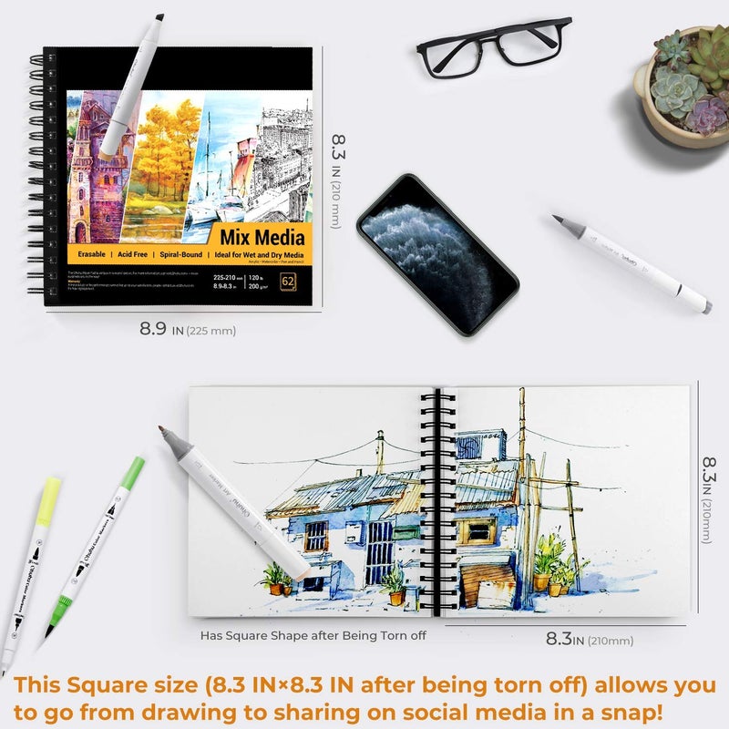 Ohuhu Mix Media Pad, Ohuhu 8.9"×8.3" Mixed Media Art Sketchbook, 120 LB/200 GSM Heavyweight Papers 62 Sheets/124 Pages, Spiral Bound Mixed Media Paper Pad for Acrylic, Watercolor, Pen and Pencil Painting - Image 2