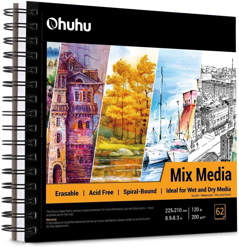 Ohuhu Mix Media Pad, Ohuhu 8.9"×8.3" Mixed Media Art Sketchbook, 120 LB/200 GSM Heavyweight Papers 62 Sheets/124 Pages, Spiral Bound Mixed Media Paper Pad for Acrylic, Watercolor, Pen and Pencil Painting - Image 1