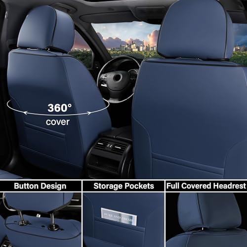 Coverado Car Seat Covers Full Set, Leather Seat Covers for Cars, Automotive Seat Covers Car Seat Protectors Car Accessories Universal Fit for Most Sedans SUV Pick-up Truck(Blue&Beige) - Image 3