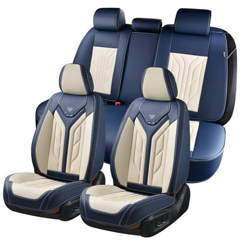 Coverado Car Seat Covers Full Set, Leather Seat Covers for Cars, Automotive Seat Covers Car Seat Protectors Car Accessories Universal Fit for Most Sedans SUV Pick-up Truck(Blue&Beige) - Image 1
