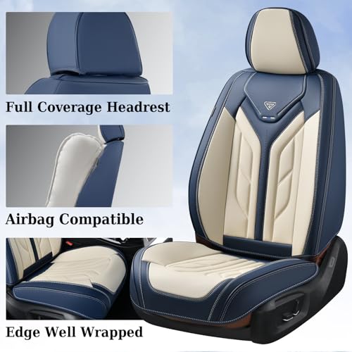 Coverado Car Seat Covers Full Set, Leather Seat Covers for Cars, Automotive Seat Covers Car Seat Protectors Car Accessories Universal Fit for Most Sedans SUV Pick-up Truck(Blue&Beige) - Image 4