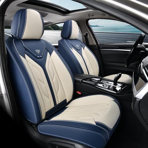 Coverado Car Seat Covers Full Set, Leather Seat Covers for Cars, Automotive Seat Covers Car Seat Protectors Car Accessories Universal Fit for Most Sedans SUV Pick-up Truck(Blue&Beige) - Image 2