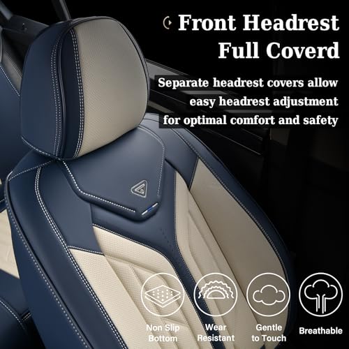 Coverado Car Seat Covers Full Set, Leather Seat Covers for Cars, Automotive Seat Covers Car Seat Protectors Car Accessories Universal Fit for Most Sedans SUV Pick-up Truck(Blue&Beige) - Image 5