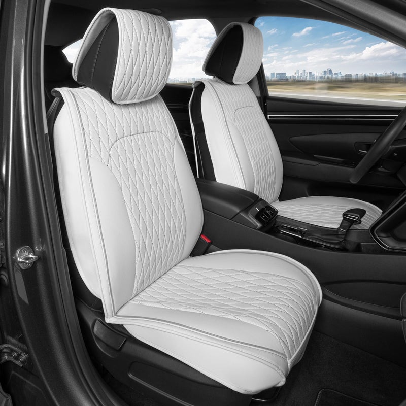 MotorBox Car Seat Covers â€“ DiamondLux Edition Premium Faux Leather White Seat Protectors â€“ Double Cross Stitched Cushioned Automotive Accessories for Trucks, SUVs, Cars â€“ Front Seat Set - Image 2