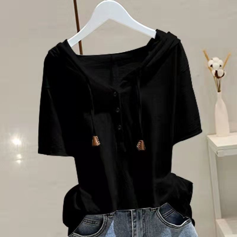 2024 Hooded Short Sleeve T-Shirt Womens Casual Slim-Fit Top Black  - Image 1