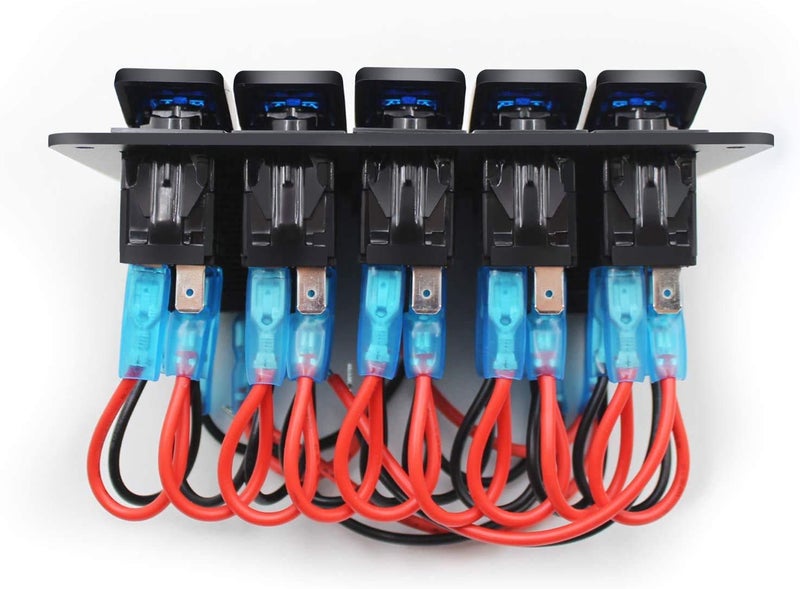 FXC Waterproof Rocker Switch Panel 5 Gang with QC3.0 USB & Type-C Slot Socket + Cigarette Lighter +LED Voltmeter with Power Save for Car Rv Marine Boat Truck(5Gang Blue LED) - Image 4