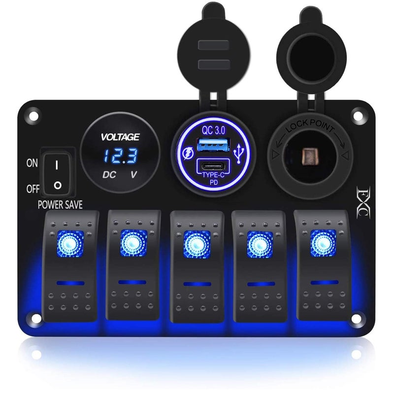 FXC Waterproof Rocker Switch Panel 5 Gang with QC3.0 USB & Type-C Slot Socket + Cigarette Lighter +LED Voltmeter with Power Save for Car Rv Marine Boat Truck(5Gang Blue LED) - Image 1