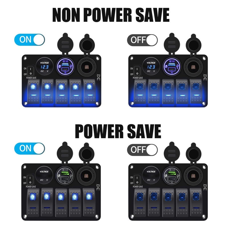 FXC Waterproof Rocker Switch Panel 5 Gang with QC3.0 USB & Type-C Slot Socket + Cigarette Lighter +LED Voltmeter with Power Save for Car Rv Marine Boat Truck(5Gang Blue LED) - Image 2