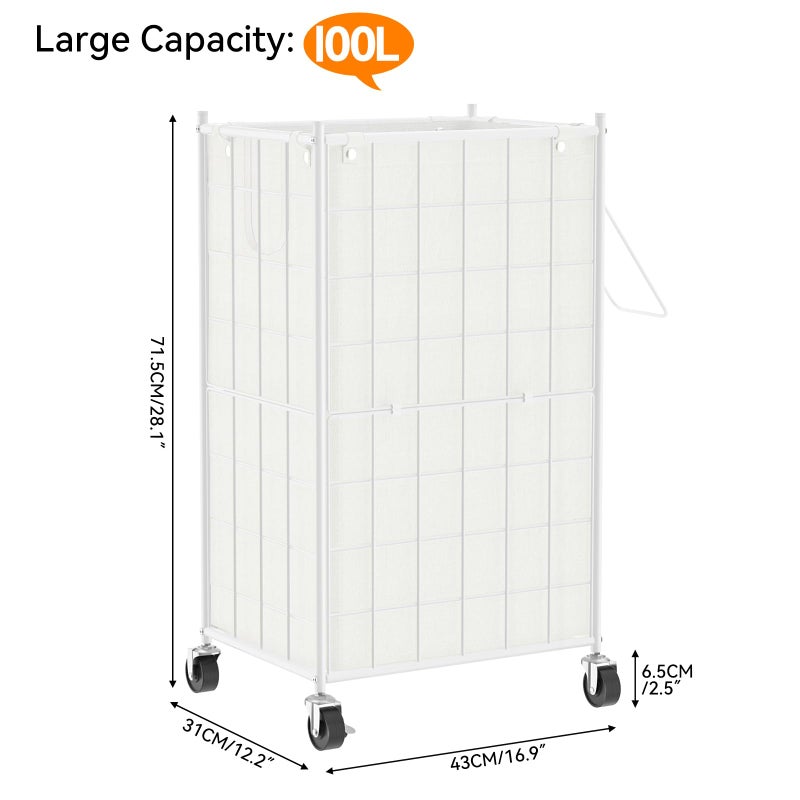 WOWLIVE Laundry Hamper with Wheels,Metal Wire Frame Rolling Laundry Basket with Removable bag,100L Dirty Clothes Hamper Organizer Dorm Room Storage for Bedroom,Bathroom,White - Image 4