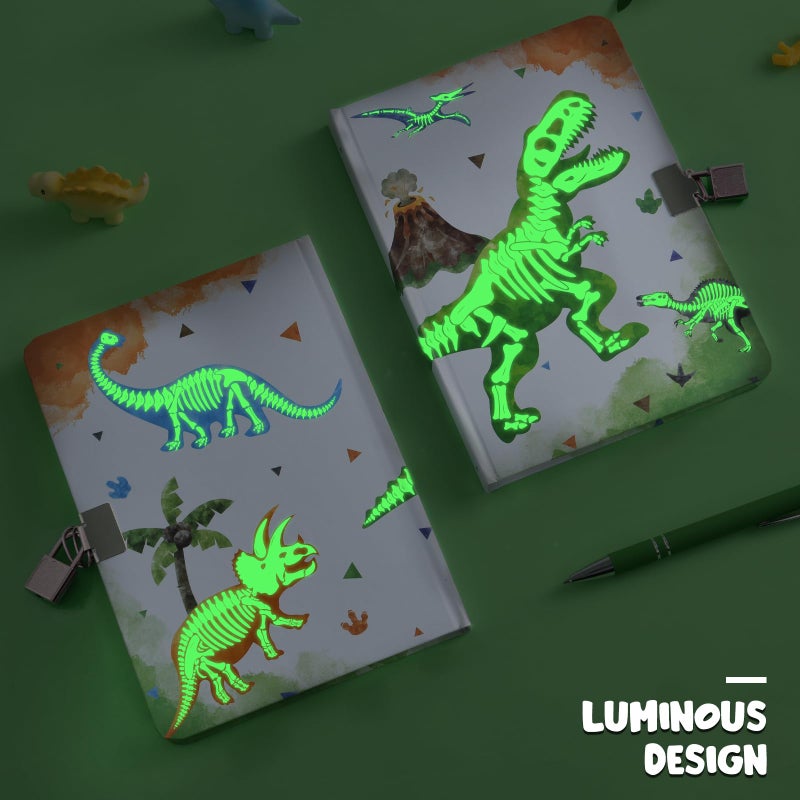 WERNNSAI Watercolor Dinosaur Journal for Boys - Luminous Notebook Gift for Kids School Travel Private Diary Hardcover A5 Lined Memos Writing Drawing Notepad with Lock and Keys - Image 2