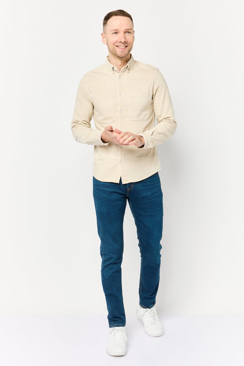 Celio Men Regular Fit Solid Long Sleeves Denim Shirt, Beige - Image 2