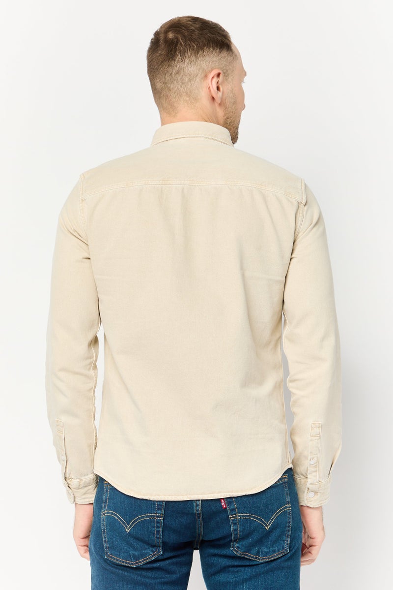 Celio Men Regular Fit Solid Long Sleeves Denim Shirt, Beige - Image 4