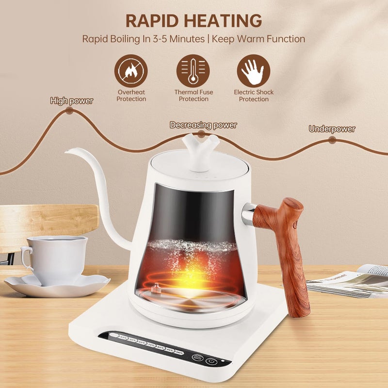 Perfin Electric Gooseneck Kettle 1L 1000W Water Kettle for Pour-over Coffee & Tea, 304 Stainless Steel Coffee and Tea Pot, Constant Temperature Coffee Kettle(White) (White) - Image 5