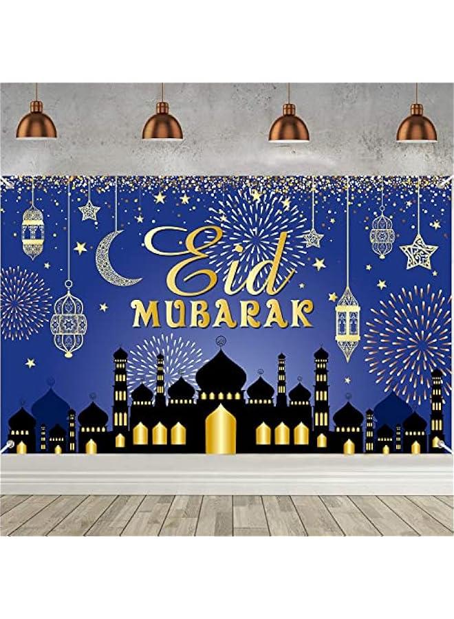 MOXO Large Eid Mubarak Background Banner Blue and Gold Ramadan Mubarak Party Decorations Muslim Ramadan Fabric Banner for Muslim Party Supplies Garden Table Wall Indoor and Outdoor Home Decor - Image 1