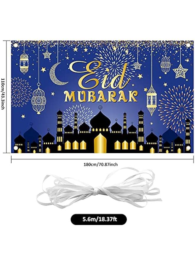 MOXO Large Eid Mubarak Background Banner Blue and Gold Ramadan Mubarak Party Decorations Muslim Ramadan Fabric Banner for Muslim Party Supplies Garden Table Wall Indoor and Outdoor Home Decor - Image 2