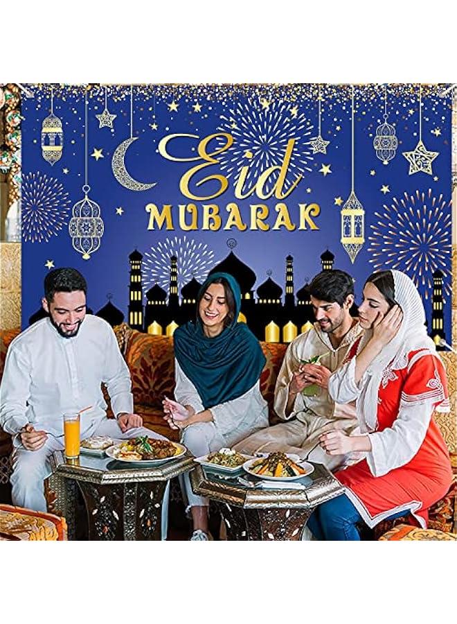MOXO Large Eid Mubarak Background Banner Blue and Gold Ramadan Mubarak Party Decorations Muslim Ramadan Fabric Banner for Muslim Party Supplies Garden Table Wall Indoor and Outdoor Home Decor - Image 3